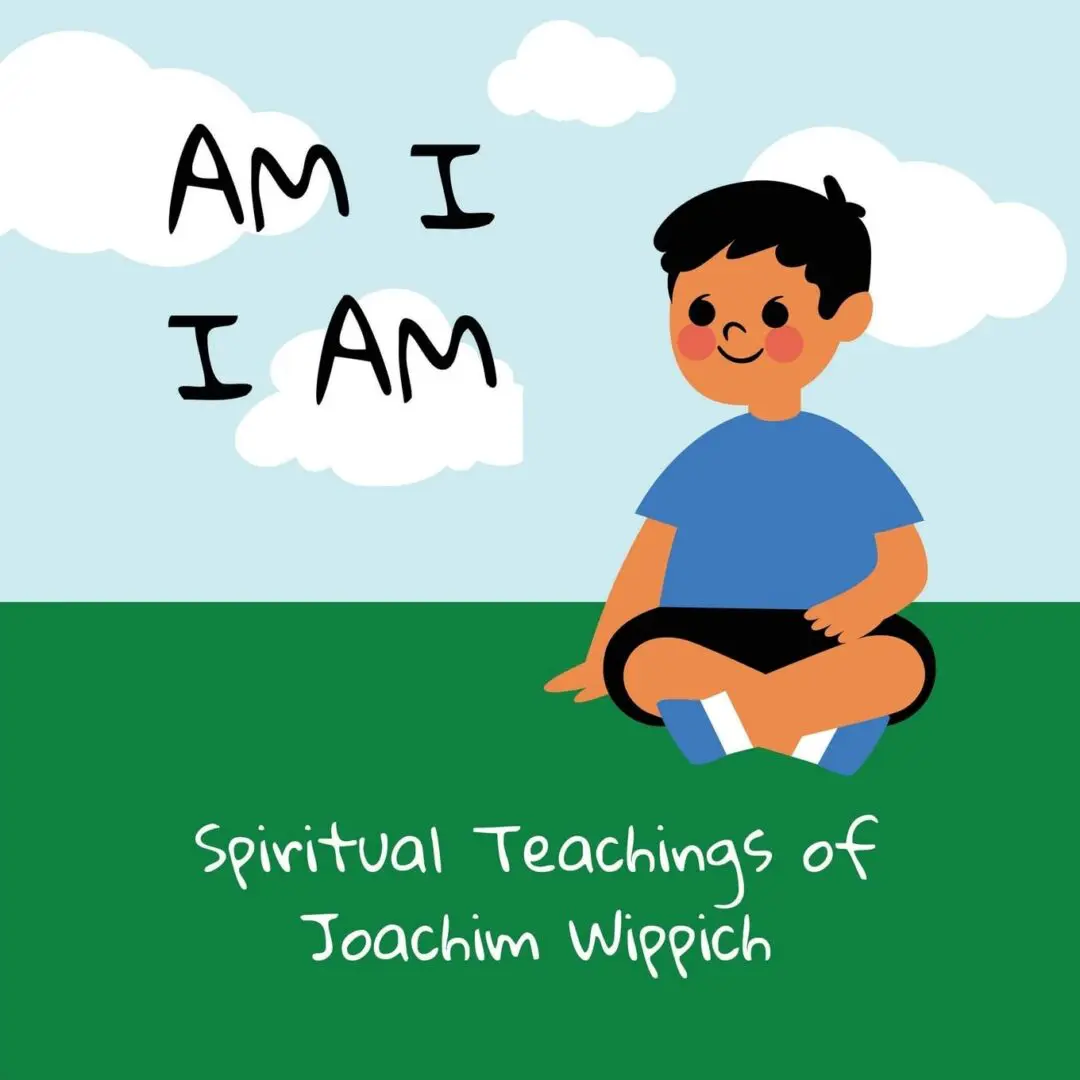 A cartoon boy sits cross-legged on grass under clouds, surrounded by the words "AM I I AM" and "Spiritual Teachings of Joachim Wippich," highlighting gentle Healing Methods.