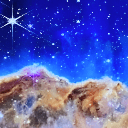 A section of a nebula in space with bright blue sky, shining stars, and clouds of dust and gas in brown and gold hues, resembling cosmic dowsing tools searching the universe.